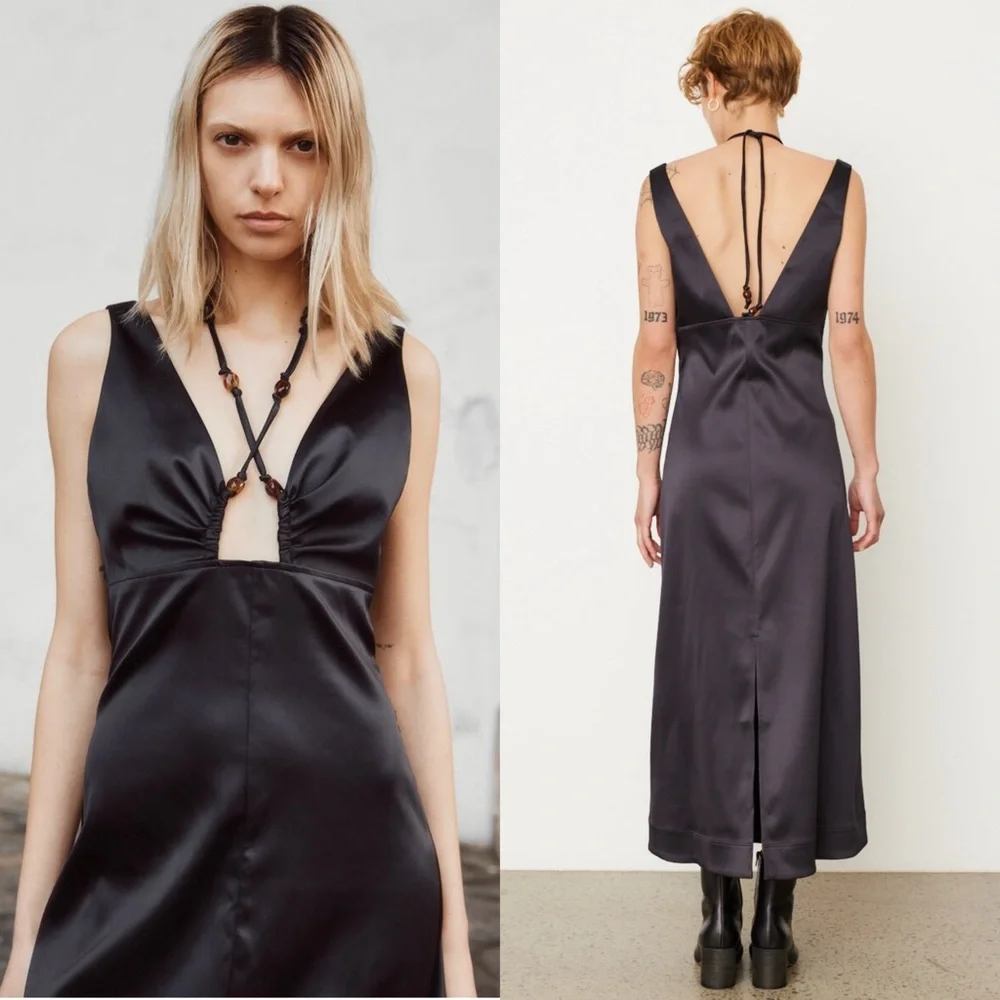 GANNI Satin Beaded Crisscross Halter Tie V-Neck Empire Waist Sleeveless Dress‎ S - Picture 4 of 14